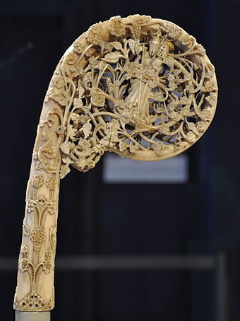 St. Olaf with his axe on a bishop's crozier, walrus ivory, Norway c. 1375–1400
