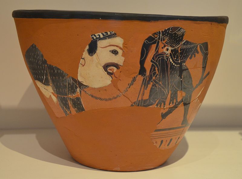 File:Black-figure skyphos, Herakles leading a Gorgon-like monster, about 500 BC, National Archaeological Museum of Athens (14111837881).jpg