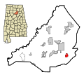 This map shows the incorporated and unincorporated areas in Blount County, Alabama, highlighting Highland_Lake in red. It was created with a custom script with US Census Bureau data and modified with Inkscape.