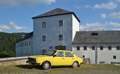 Škoda 105 and castle in Branna, Czech Republic