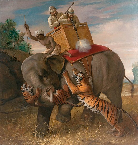 Tiger attacking hunters on elephant