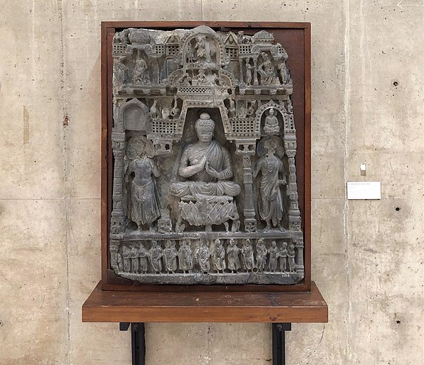 Gandharan sculpture of Amitabha in Sukhavati, 2nd century CE, from Khyber Pakhtunkhwa, Pakistan.