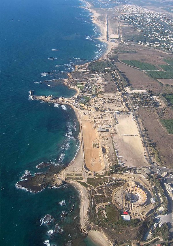 The ruins of Caesarea Maritima, with the modern resort town of Caesarea (Keisarya) shown in the top right