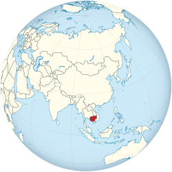 Cambodia on the globe (Asia centered)