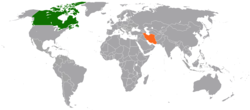 Map indicating locations of Canada and Iran