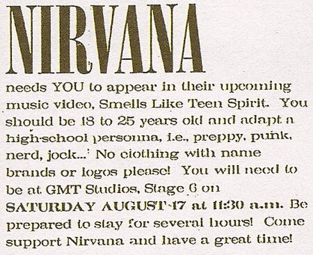 Announcement from the band encouraging people to participate in the making of the music video for "Smells Like Teen Spirit"