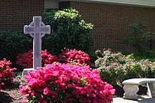 Celtic cross with azaleas in Memorial Garden at BAPC Celtic cross with azaleas.jpg