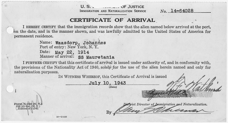 File:Certificate of Arrival for Johannes Waasdorp. - NARA - 281979.jpg