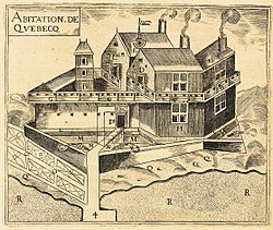 Habitation de Québec, 1608, perspective cavalière de Samuel de Champlain.