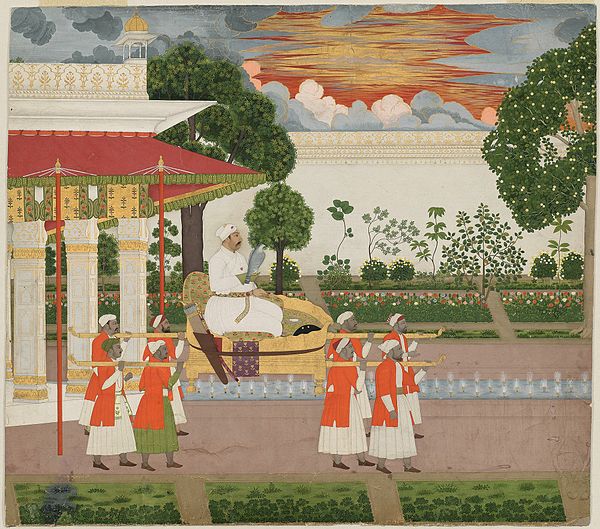 The Mughal Emperor Muhammad Shah with his Falcon visits the imperial garden at sunset on a palanquin.