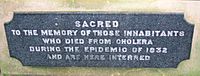 The plaque at the cholera pit memorial in the Howard Park, Kilmarnock, East Ayrshire. Cholera pit memorial plaque - Kilmarnock.JPG