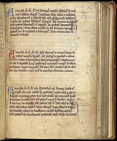 Page from the Chronicle of Melrose in the British Library Chronicle of Melrose, 55r cropped.jpg