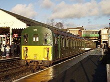 Unit 1305 (207202, with a former Class 411 centre coach in place of the original) operating at the East Lancashire Railway, Bury. Class207DEMU1305.jpg