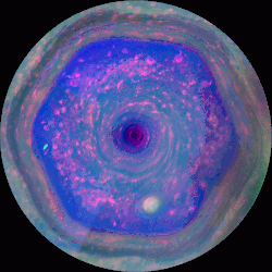 Saturn's Hexagon. Movie, made from images obtained by Cassini's imaging cameras, is the first to show the hexagon in color filters, and the first movie to show a complete view from the north pole down to about 70 degrees north latitude (december 2012).