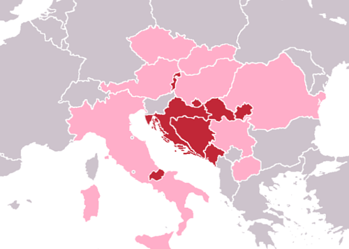 States and/or regions in which Croatian is an official language (dark red) and states in which Croatian is a minority language (light red)