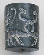 Sceau-cylindre de la période d'Uruk, Mésopotamie, -IVe millénaire.