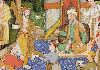 Munim Khan (seated, right), the first Viceroy of Mughal Bengal (1574–1575)