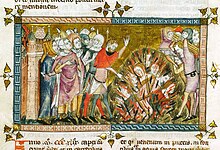 Representation of a massacre of the Jews in the 1349 Anti-Jew riots, that was justified by allegations that Jews were behind the Black Death Epidemic. Antiquitates Flandriae (Royal Library of Belgium manuscript 1376/77). Doutielt1.jpg
