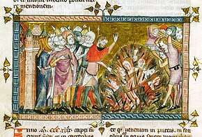 Jews burned to death in Strasbourg 14 February 1349 during the Black Death. From 14-century manuscript Antiquitates Flandriae Doutielt1.jpg