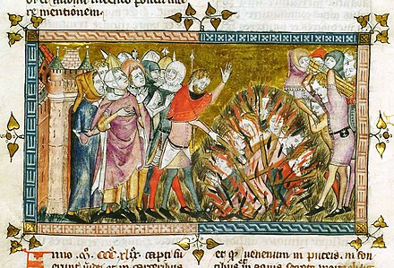 Jews being burned at the stake in 1349. Miniature from a 14th-century manuscript Antiquitates Flandriae
