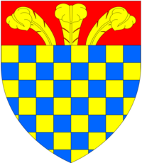 Drax arms: Chequy or and azure, on a chief gules three ostrich feathers in plume issuant of the first DraxArms.png