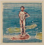 Edvard Munch: Badande man (1899), färgträsnitt, 45x45. Beslagtagen i augusti 1937 på Kupferstichkabinett i Berlin. Såld på auktion i Oslo 1939. Okänd ägo.