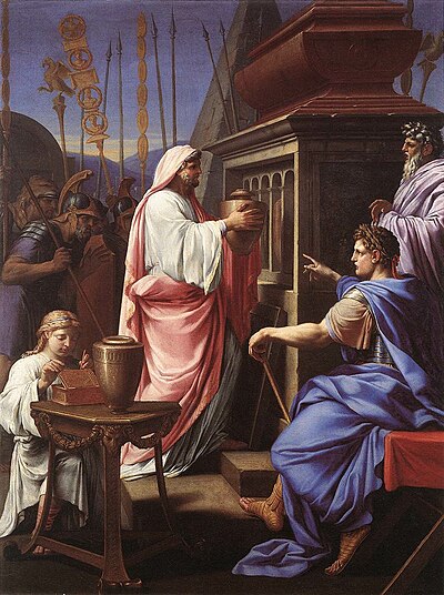 Caligula Depositing the Ashes of his Mother and Brother in the Tomb of his Ancestors, by Eustache Le Sueur, 1647