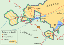 Situation in western Gazakh following the First Nagorno-Karabakh war Exclaves of Qazakh.png