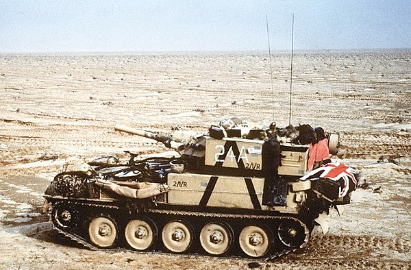 Scorpion advancing across the desert during the first Gulf War.