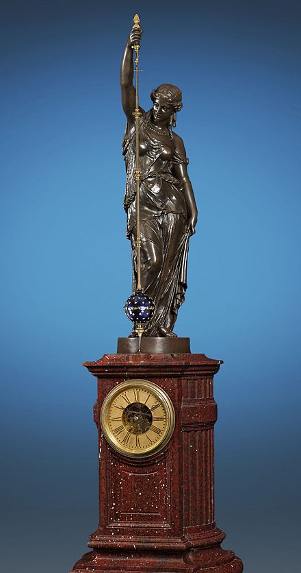 A monumental conical pendulum clock by Eugène Farcot with a patinated bronze statue.