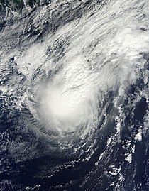 A visible satellite image of a disorganized hurricane on October 12, 2014.
