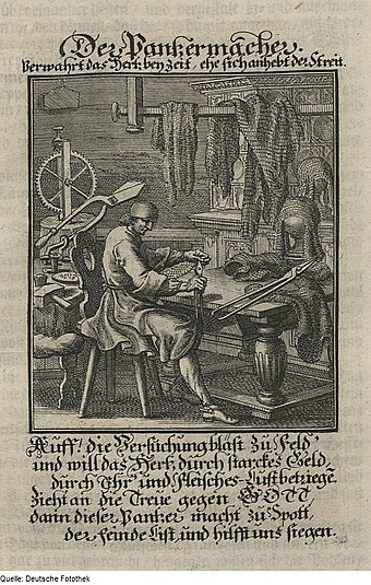 A manuscript from 1698 showing the manufacture of mail Fotothek df tg 0008481 Standebuch ^ Handwerk ^ Plattner ^ Rustung ^ Harnisch ^ Kettenhemd.jpg