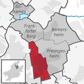 Carte situant le quartier (en rouge) au sein l'arrondissement (en gris foncé) et du reste de la ville (en gris clair)