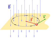 A charged particle that is moving with velocity v in a magnetic field B will feel a magnetic force F. Since the magnetic force always pulls sideways to the direction of motion, the particle moves in a circle.