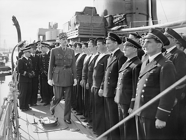 General De Gaulle inspecting sailors on Léopard at Greenock in June 1942