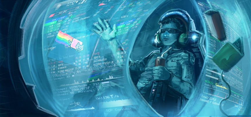 描繪一個人用全景式顯示器睇嘢嘅圖畫； 「世界由資訊科技掌控，人類無時無刻都要同電腦互動」係 cyberpunk 嘅常見橋段[64]。