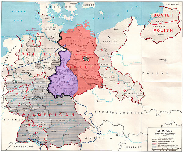 The Allied zones of occupation in post-war Germany, highlighting the Soviet zone (red), the inner German border (heavy black line), and the zone from 
