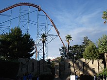 The opening drop on Goliath. Goliath featured the longest drop on a closed circuit roller coaster when it opened in February 2000. Goliath drop.JPG