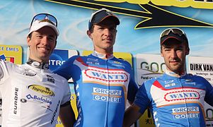 Podium de l'édition 2014 de la Gooikse Pijl : Tom Van Asbroeck (2e), Roy Jans (1er) et Laurens De Vreese (3e).