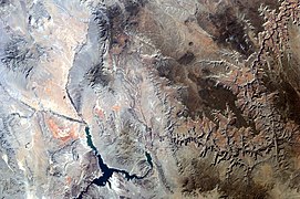 Orbital view, Valley of Fire is the reddish area at left; Grand Canyon is at right