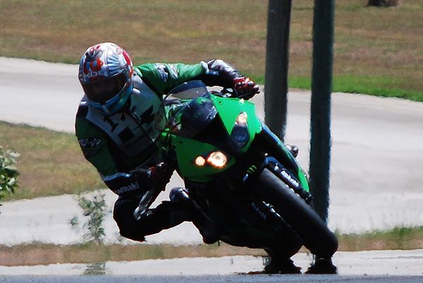 A Kawasaki sport bike at a track day at Lakeside International Raceway.