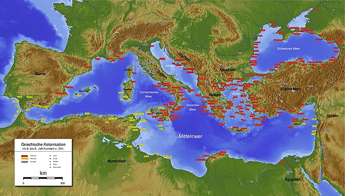 Map of Phoenician (in yellow) and Greek colonies (in red) around 8th to 6th century BC.