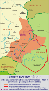 Mapa grodów Czerwieńskich w 1025 na tle współczesnych granic państwowych