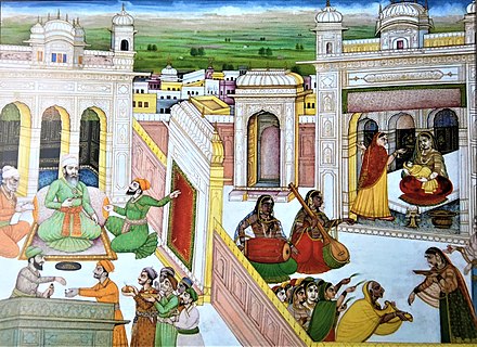 Guru Tegh Bahadur (in Dhaka) being told about the birth of Gobind Rai (in Patna), 19th century painting