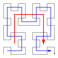 Three iterations of the geometric construction of the Hilbert curve.