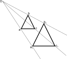 Figure 1: The point O is an external homothetic center for the two triangles. The size of each figure is proportional to its distance from the homothetic center. Homothetic transformation.svg