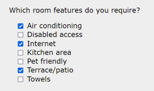 A web page menu showing which preferences are in effect. By using a mouse or graphical pointer, a user can move a cursor over selected terms, and un-check or unclick them, if the software permits it. Hotel booking checkbox example.png