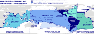Spanish Empire of Philip II, III and IV including all charted and claimed territories, maritime claims (mare clausum) and other features. ImperioDeFelipeII.svg