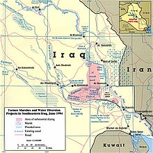 A 1994 map of the Mesopotamian Marshes with the pink zones showing drained areas Iraq marshes 1994.jpg