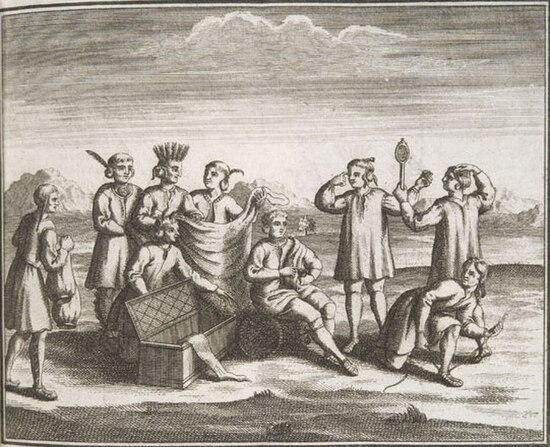 18-century woodcut showing Native Americans with European trade goods that they received in exchange for furs.